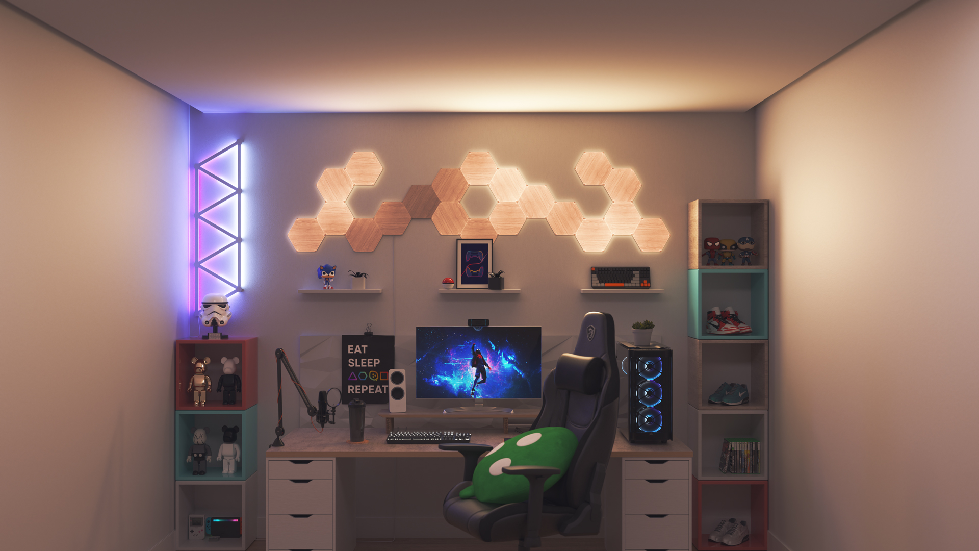 Collector style gaming setup with Nanoleaf Elements Wood Look smart home light panels above the PC monitor. The perfect smart lights for your smart home.