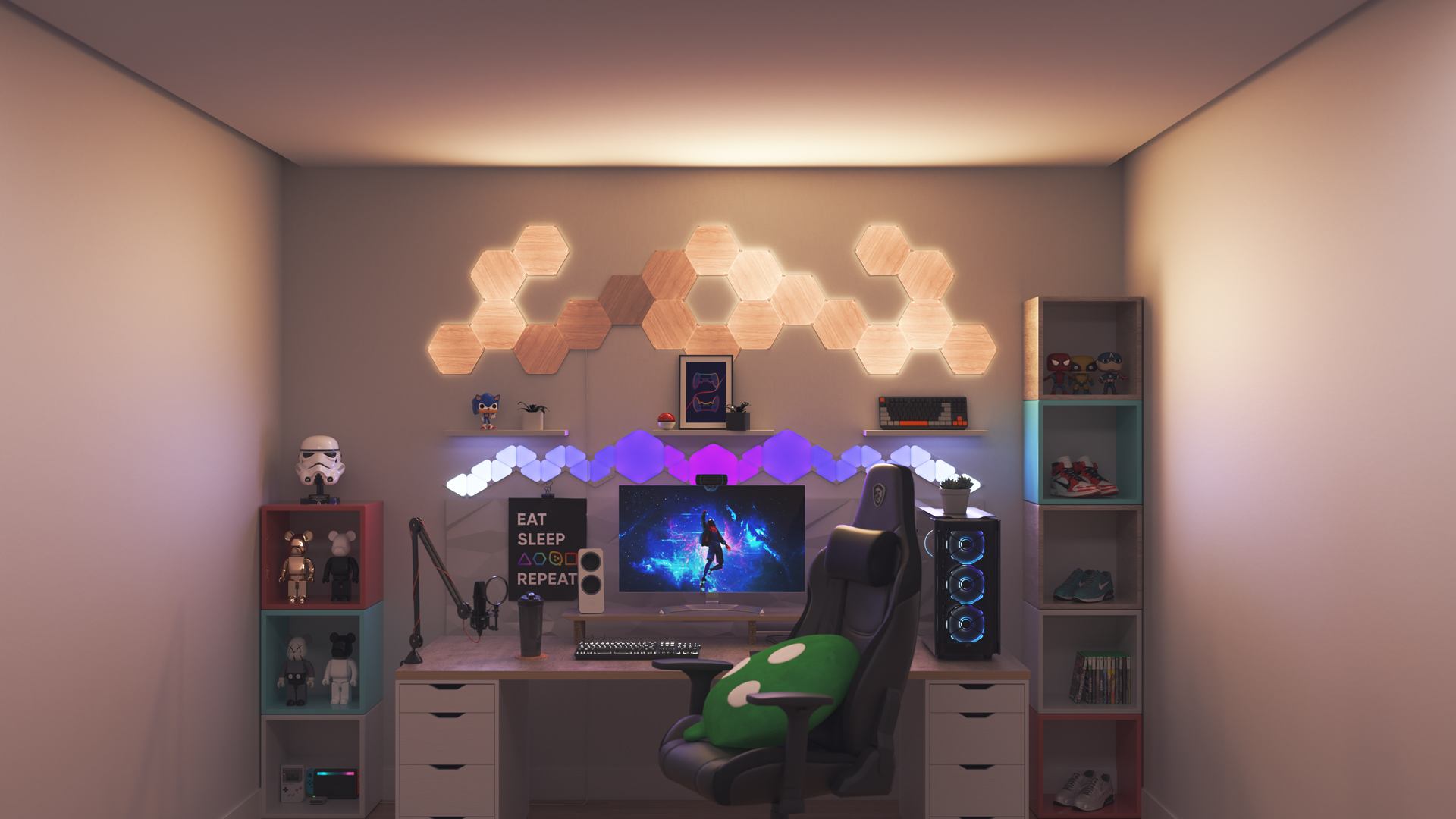 Collector style gaming setup with Nanoleaf Elements Wood Look smart home light panels above the PC monitor. The perfect smart lights for your smart home.
