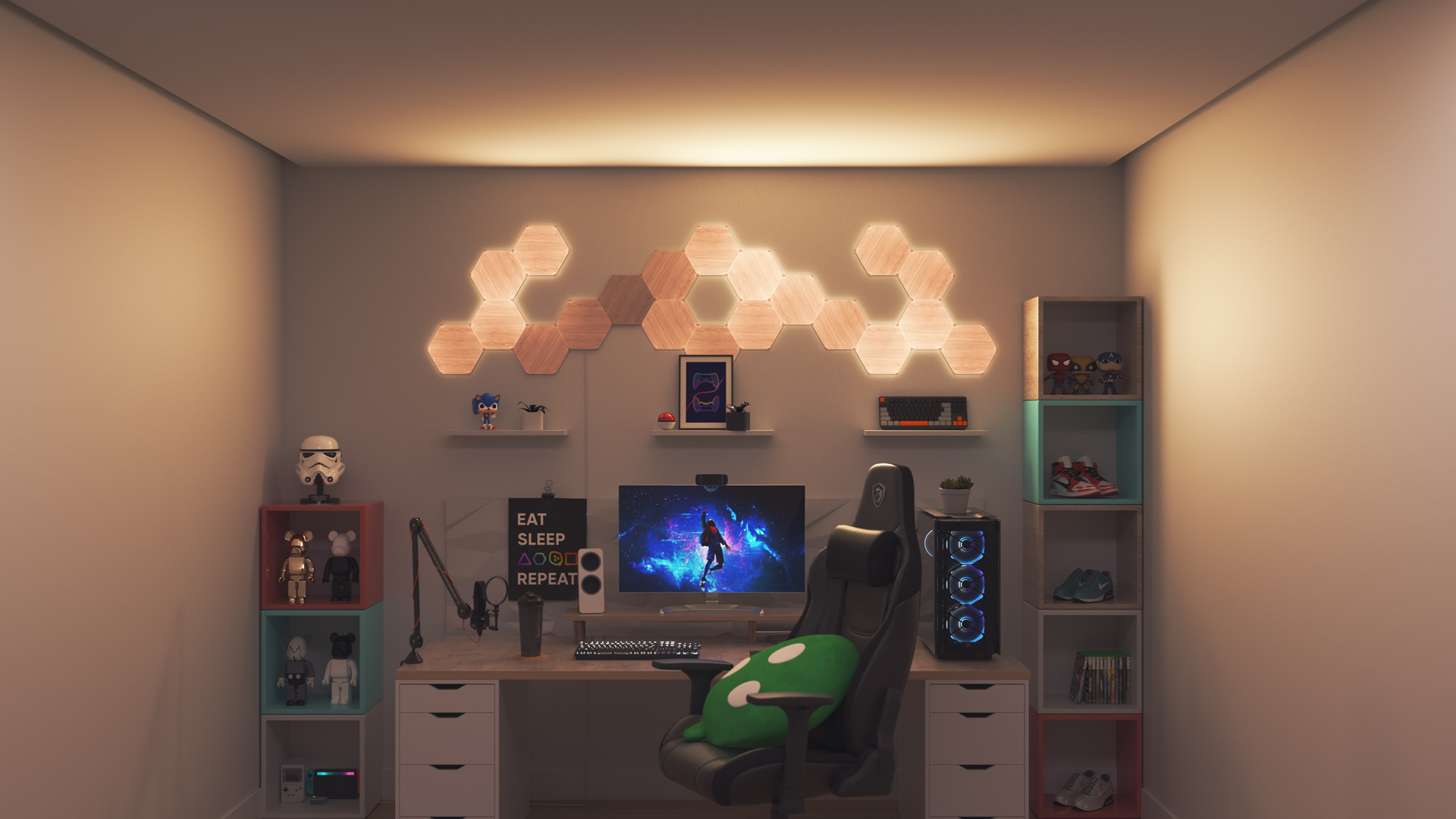 Collector style gaming setup with Nanoleaf Elements Wood Look smart home light panels above the PC monitor. The perfect smart lights for your smart home.
