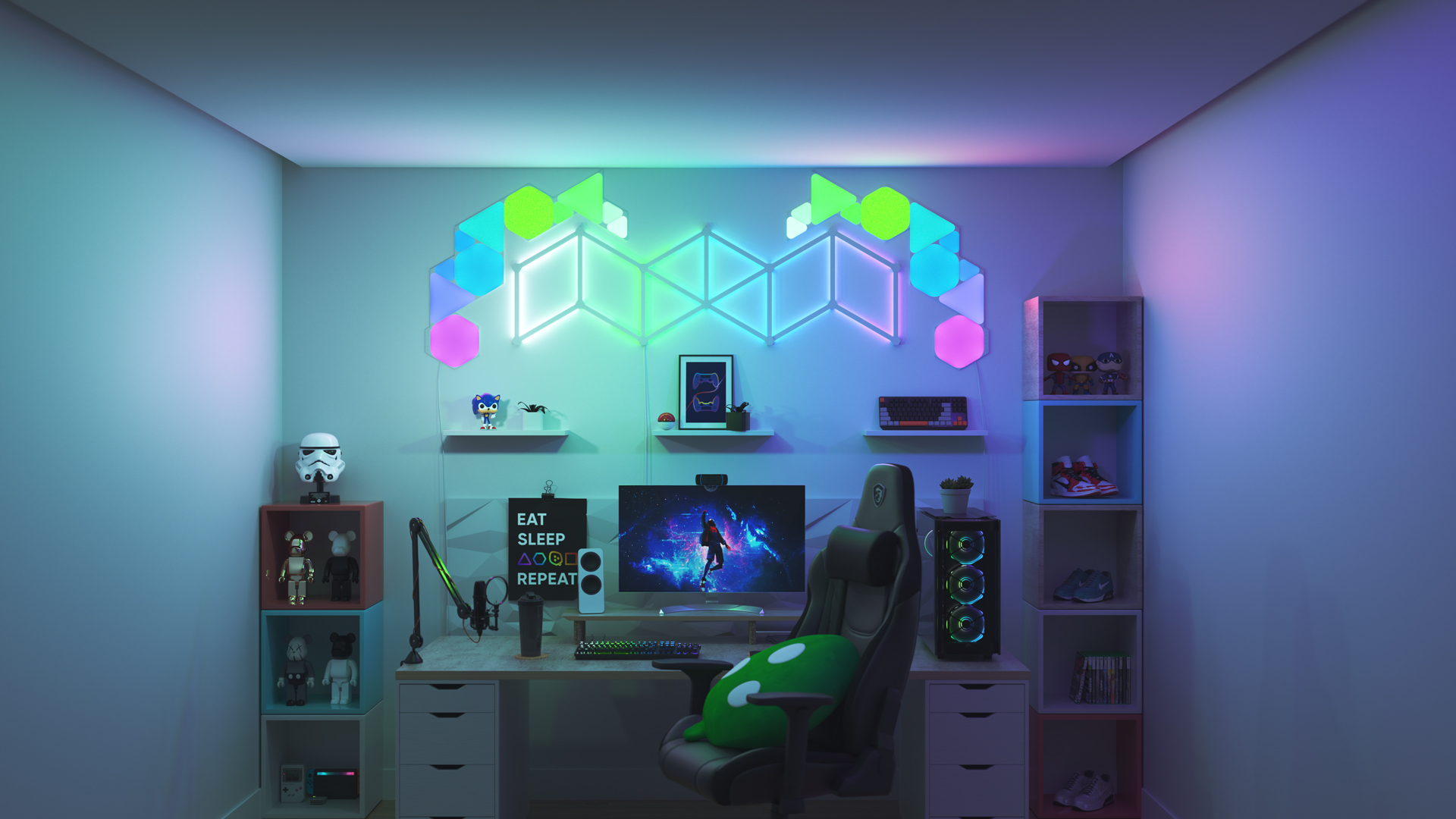 Collector style gaming setup with Nanoleaf Shapes Hexagon smart home light panels above the PC monitor. The perfect gaming lights for gamers.