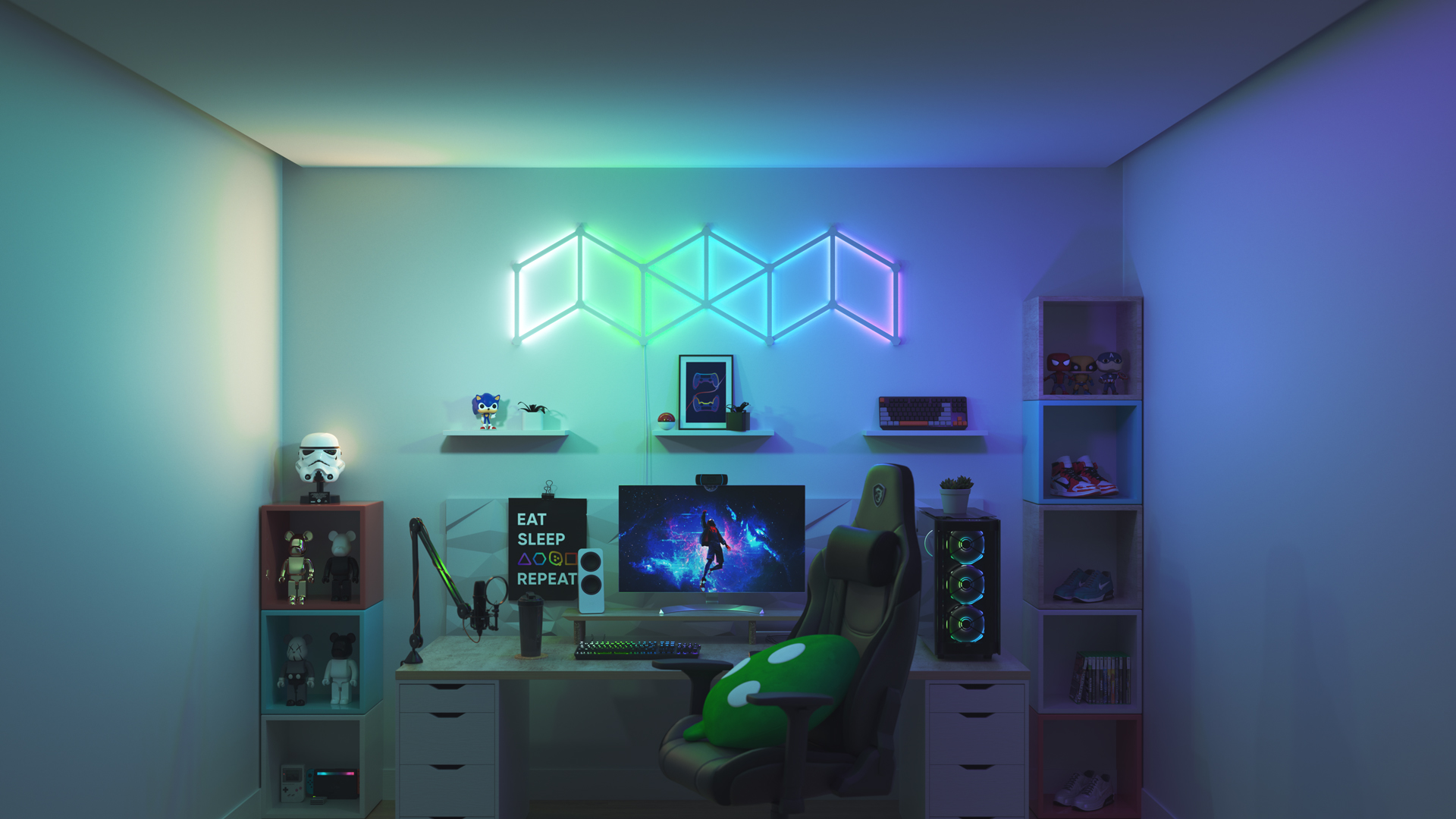 Collector style gaming setup with Nanoleaf Shapes Hexagon smart home light panels above the PC monitor. The perfect gaming lights for gamers.