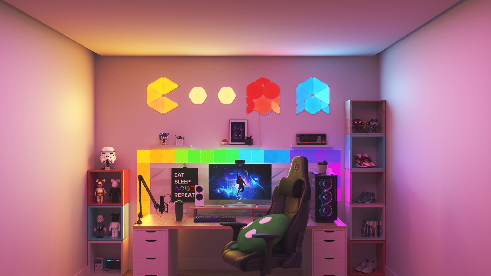 Collector style gaming setup with Nanoleaf Shapes smart home light panels above the monitor. The perfect gaming lights for PC games.