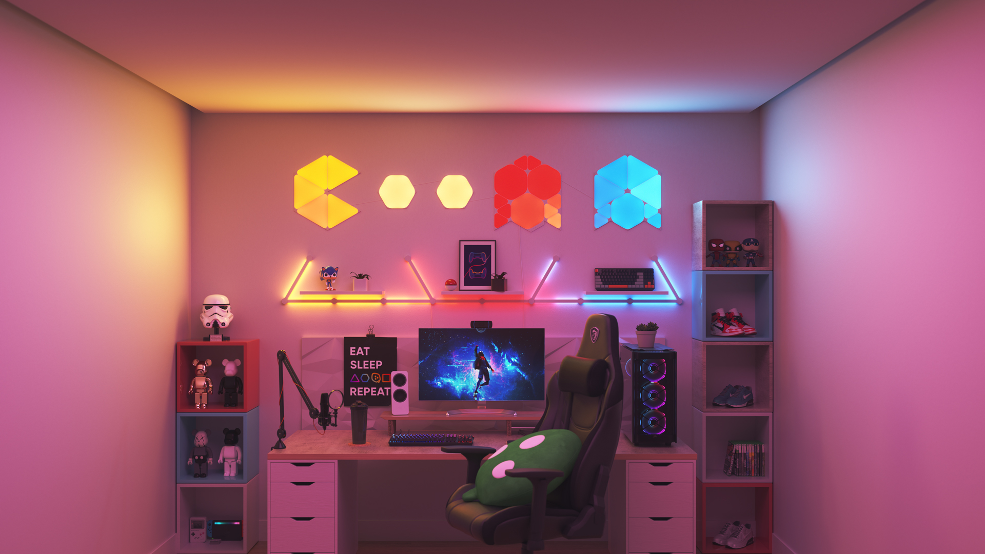 Collector style gaming setup with Nanoleaf Shapes smart home light panels above the monitor. The perfect gaming lights for PC games.