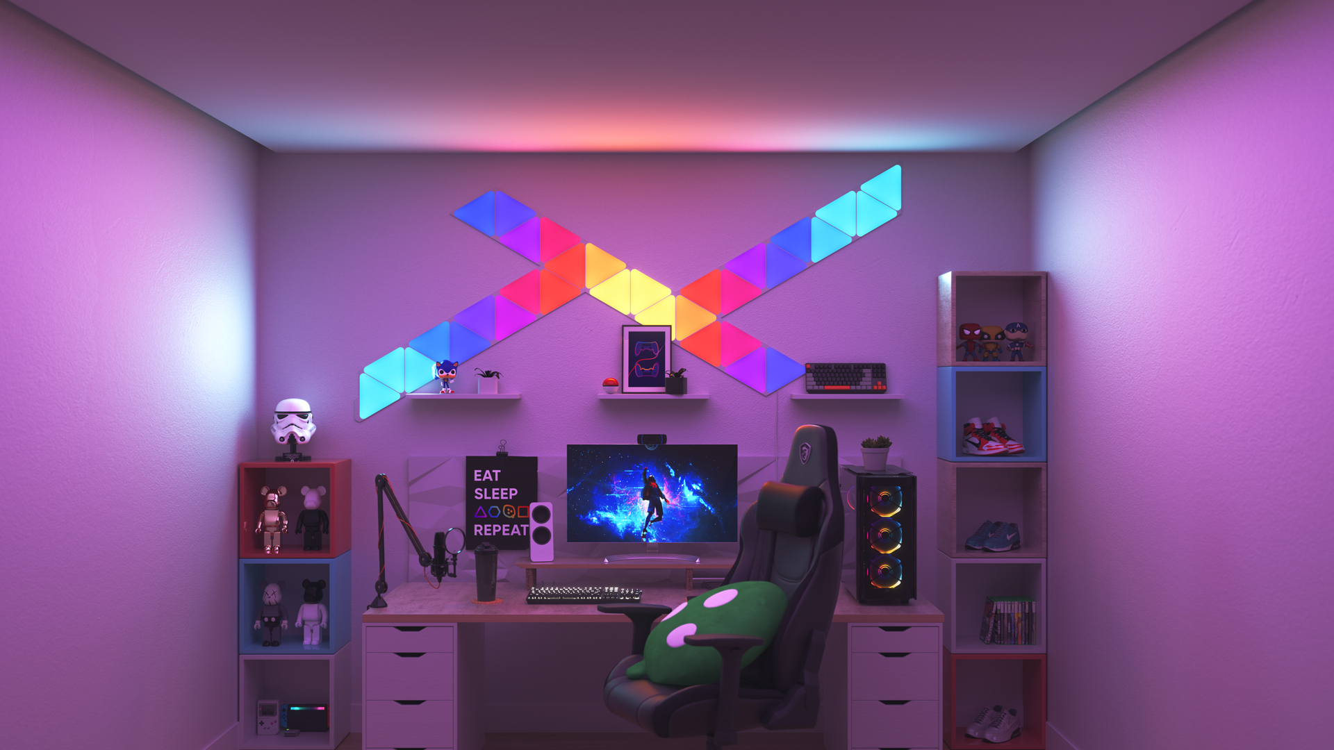 Collector style gaming setup with Nanoleaf Shapes Triangle smart home light panels above the PC monitor. The perfect gaming lights for gamers.