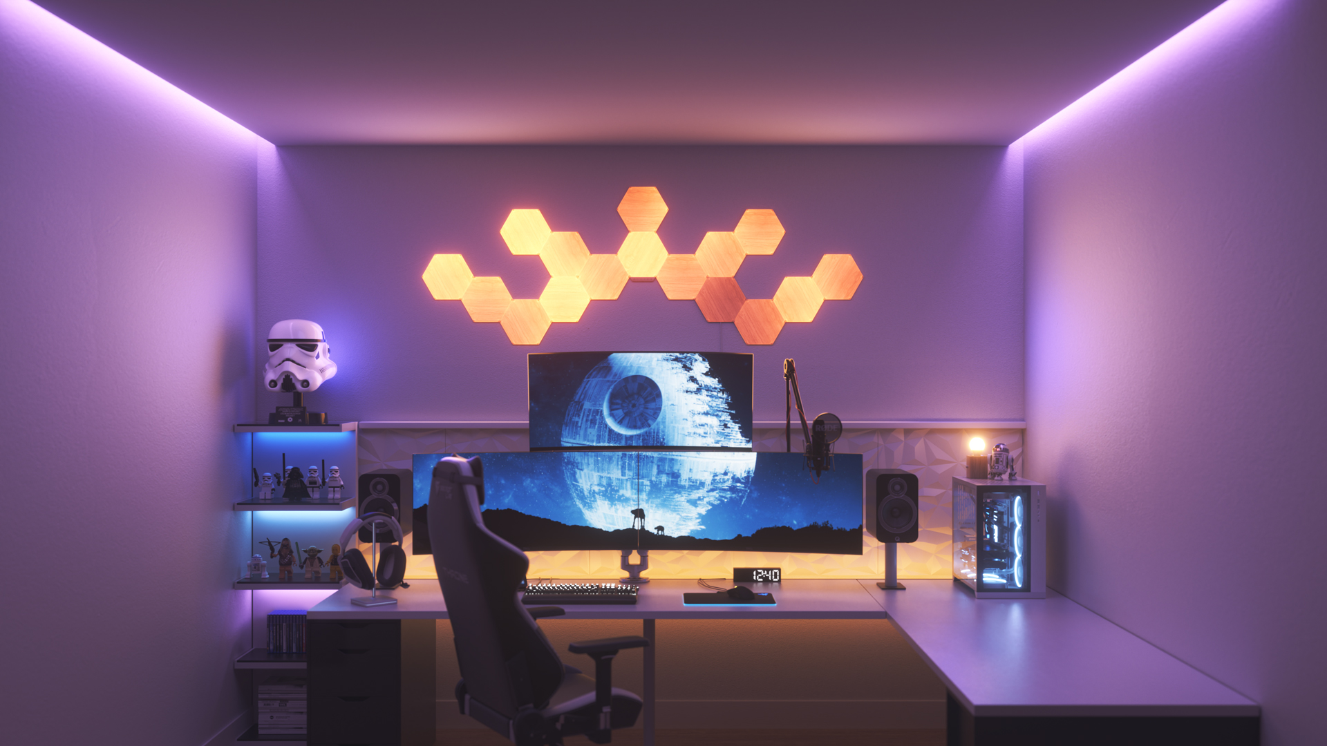 Futuristic style gaming setup with Nanoleaf Elements Wood Look smart home LED light panels above the PC monitor. The best smart lights for your smart home.