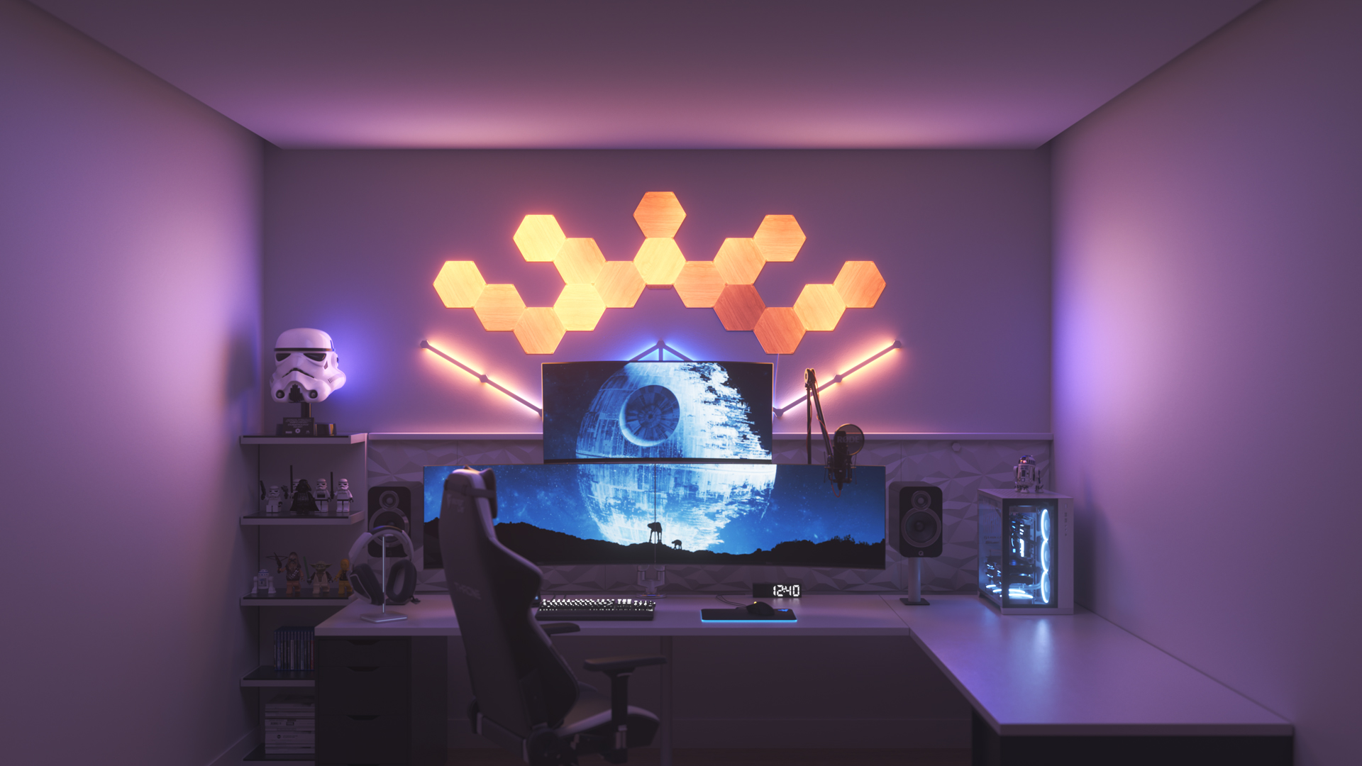 Futuristic style gaming setup with Nanoleaf Elements Wood Look smart home LED light panels above the PC monitor. The best smart lights for your smart home.