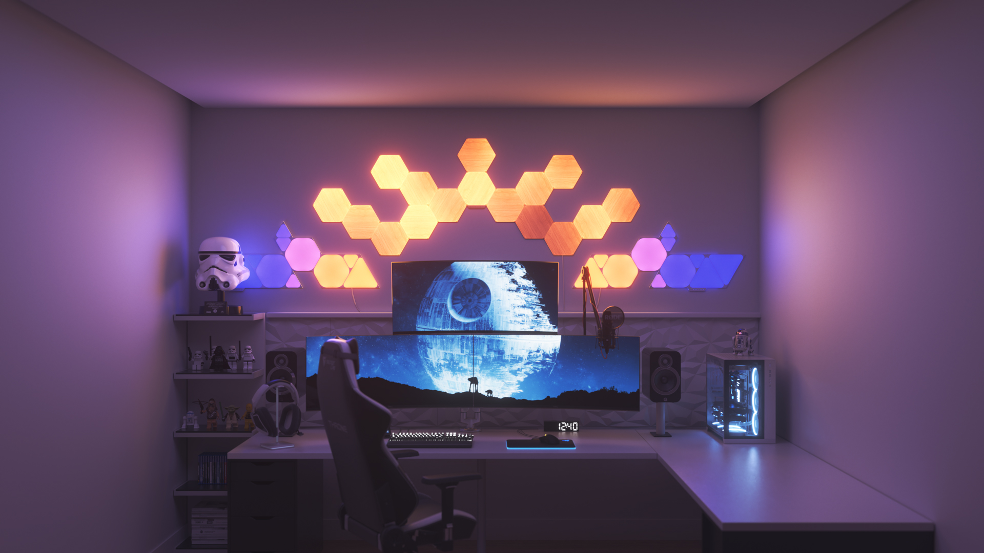 Futuristic style gaming setup with Nanoleaf Elements Wood Look smart home LED light panels above the PC monitor. The best smart lights for your smart home.