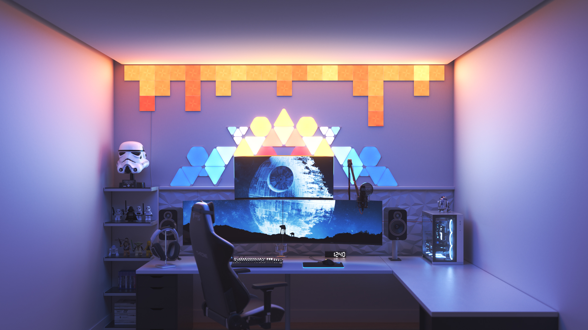 Futuristic style gaming setup with Nanoleaf Shapes smart home LED light panels above the monitor. The best color lights when playing PC games.