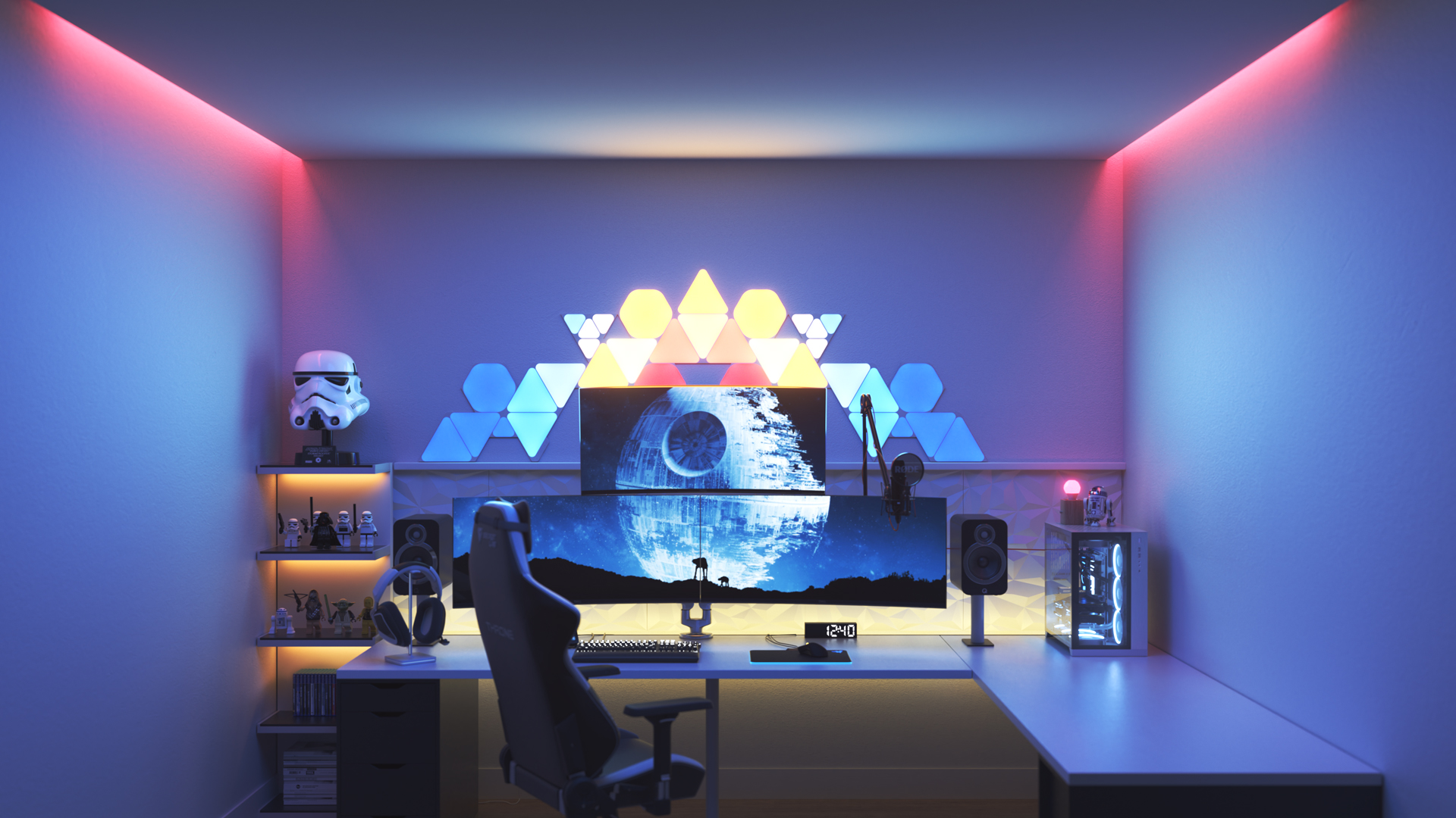 Futuristic style gaming setup with Nanoleaf Shapes smart home LED light panels above the monitor. The best color lights when playing PC games.