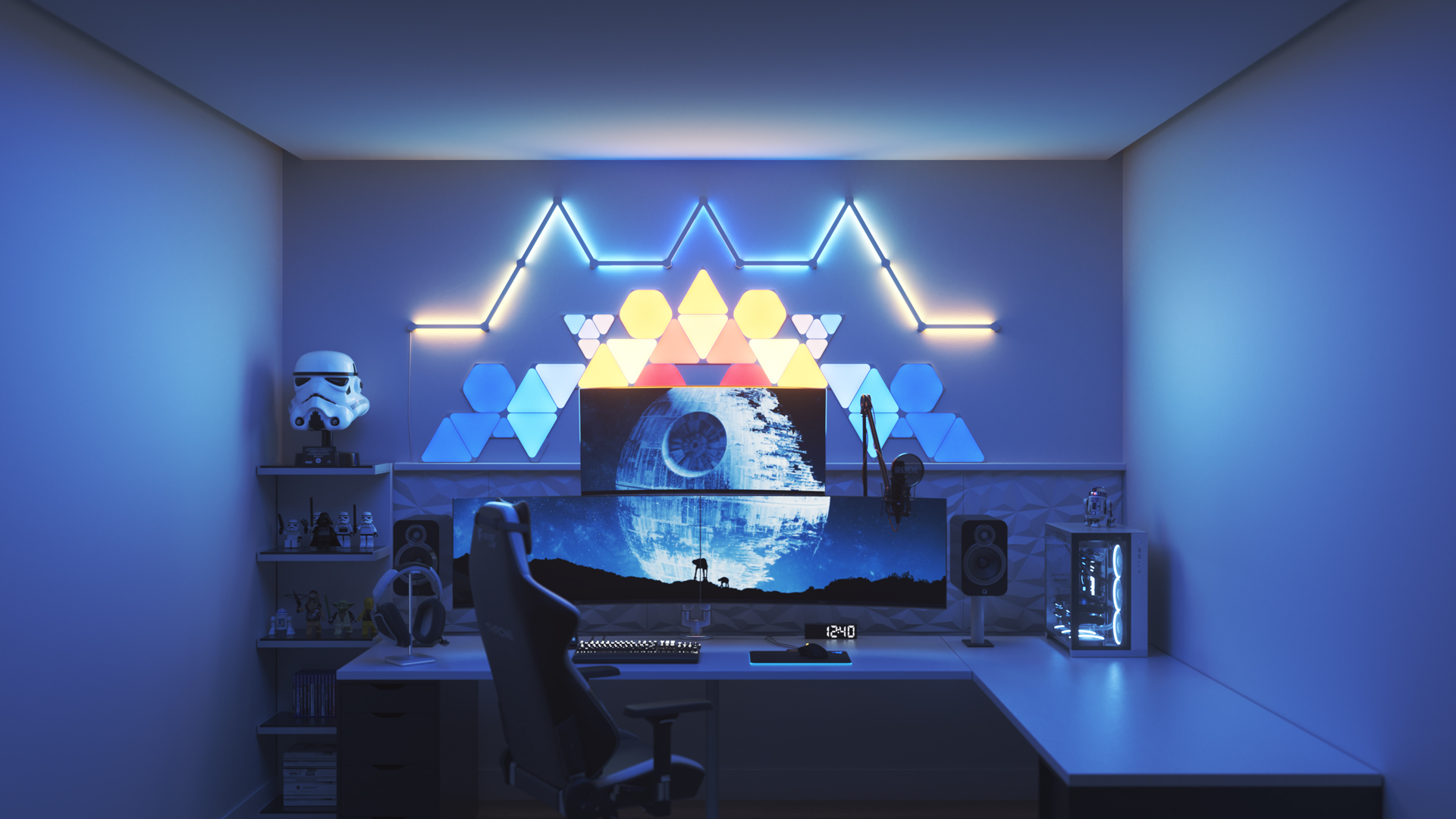 Futuristic style gaming setup with Nanoleaf Shapes smart home LED light panels above the monitor. The best color lights when playing PC games.