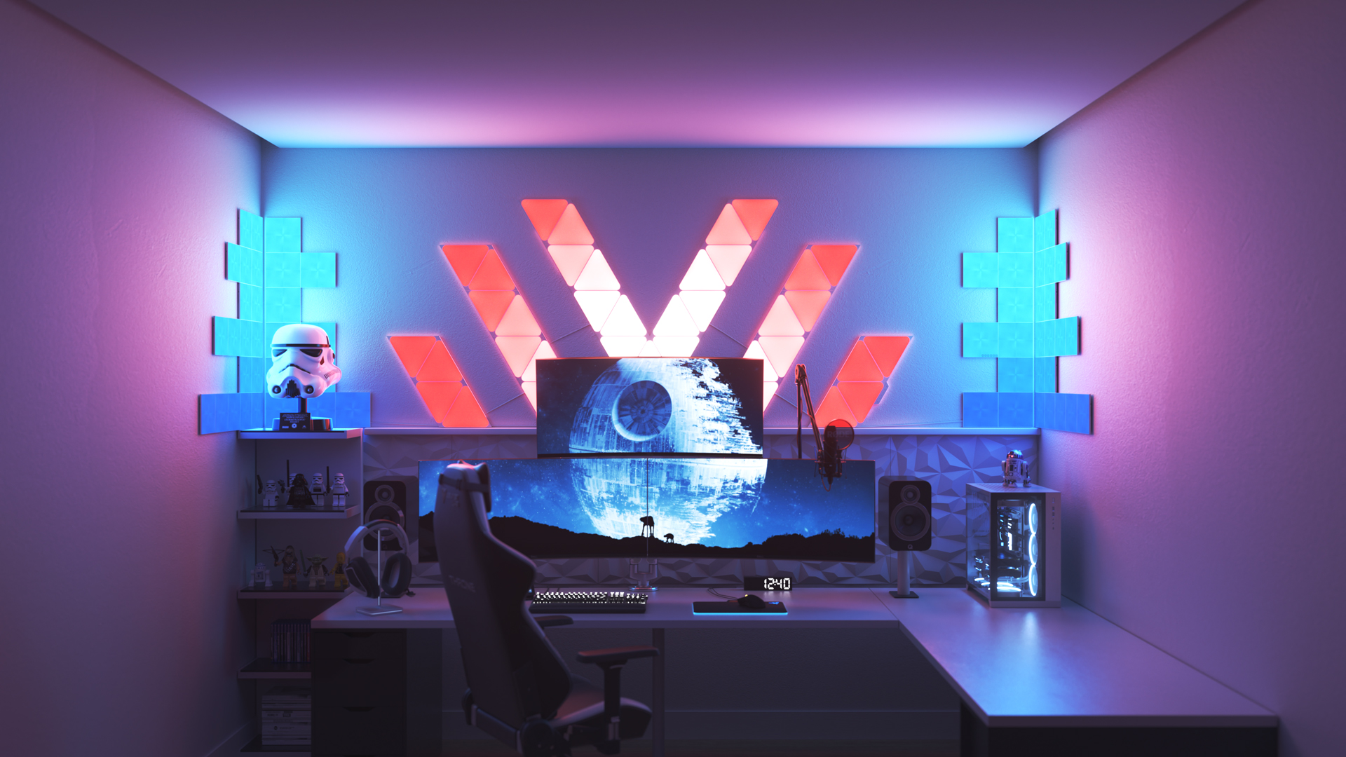 Futuristic style gaming setup with Nanoleaf Shapes Triangle smart home LED light panels above the PC monitor. The best color lights for gamers.