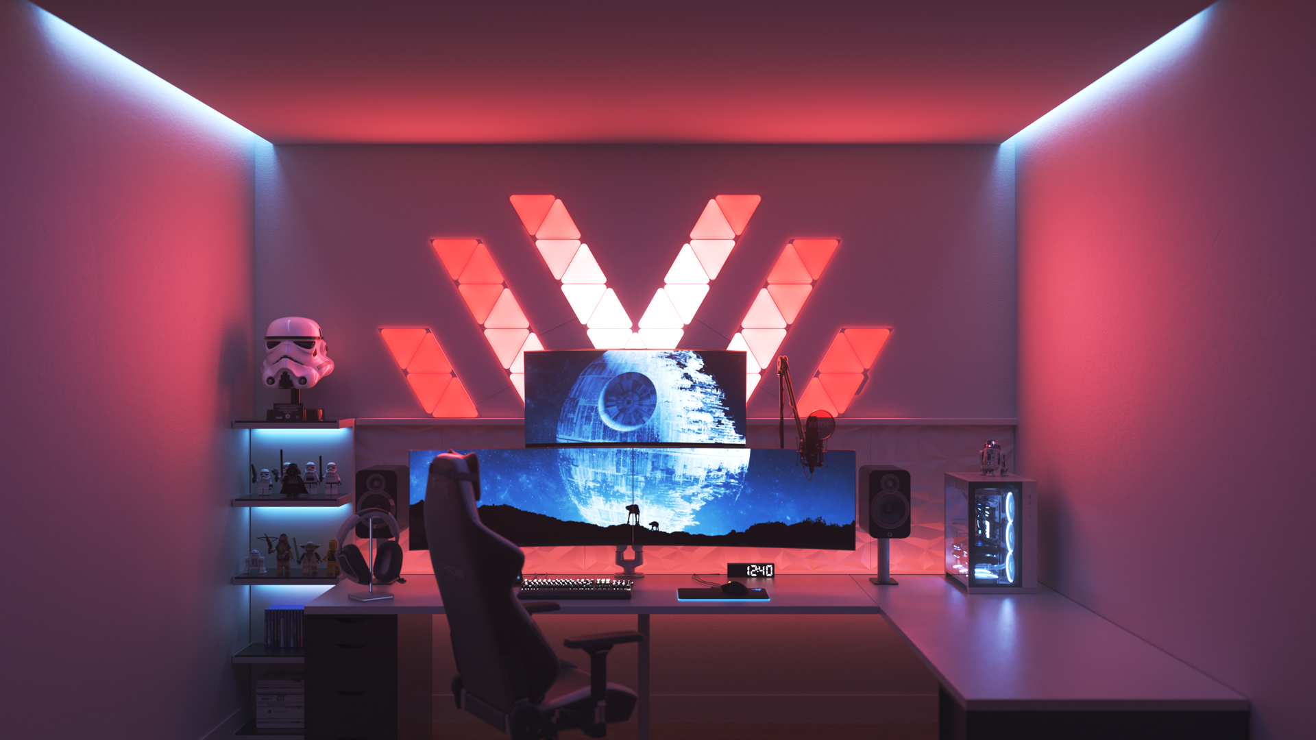 Futuristic style gaming setup with Nanoleaf Shapes Triangle smart home LED light panels above the PC monitor. The best color lights for gamers.