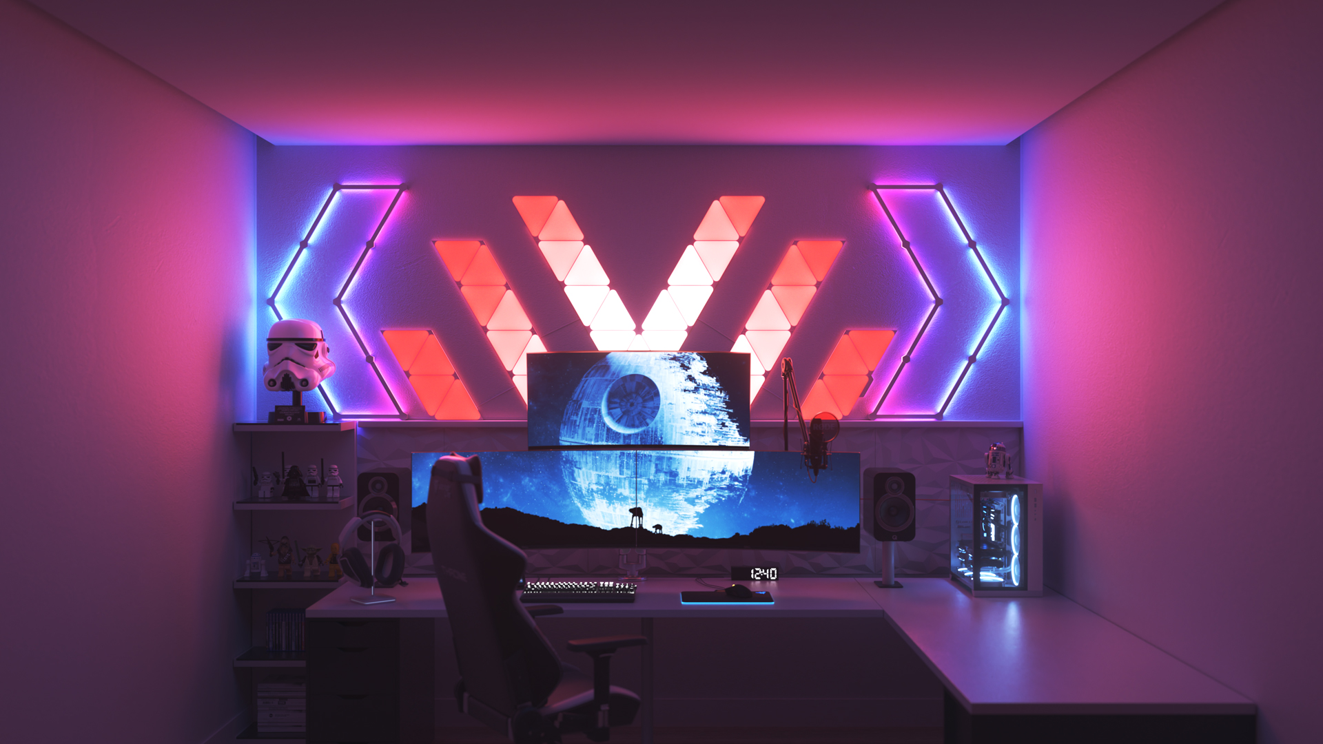 Futuristic style gaming setup with Nanoleaf Shapes Triangle smart home LED light panels above the PC monitor. The best color lights for gamers.