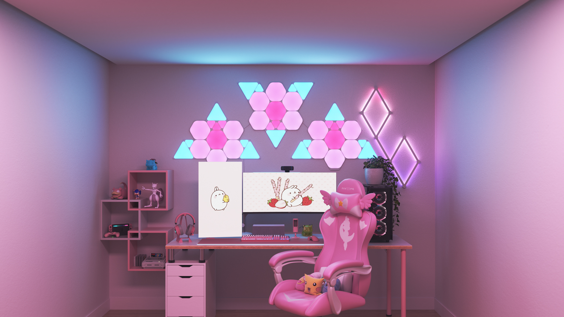 Kawaii style gaming setup with Nanoleaf Shapes smart home RGB light panels above the monitor. The perfect smart lights to complete the gamer aesthetic.