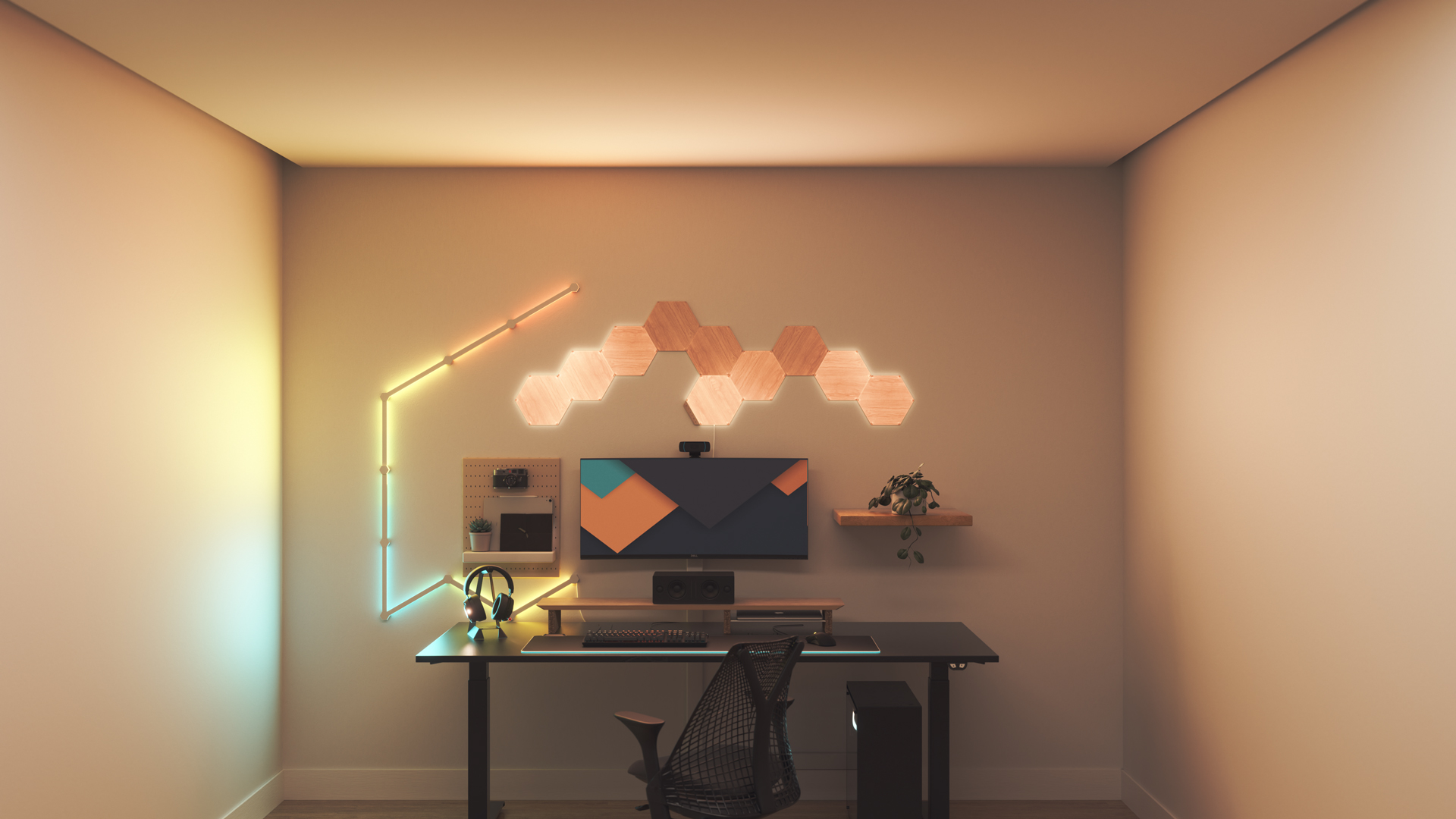 Minimalistic style gaming setup with Nanoleaf Elements Wood Look smart home light panels above the PC monitor. The perfect smart lights for your smart home.