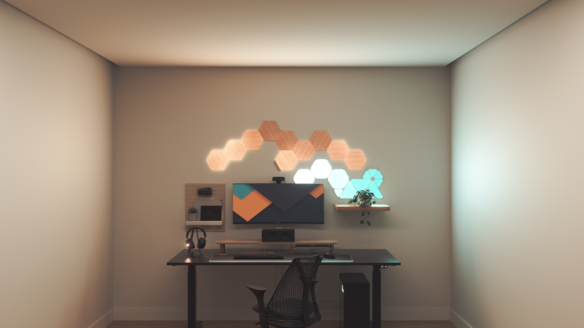 Minimalistic style gaming setup with Nanoleaf Elements Wood Look smart home light panels above the PC monitor. The perfect smart lights for your smart home.