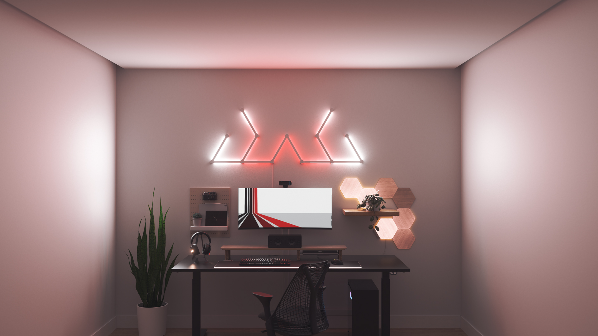 Kawaii style gaming setup with Nanoleaf Lines smart home backlit RGB light bars above the PC monitor. The perfect smart lights to complete the gamer aesthetic.