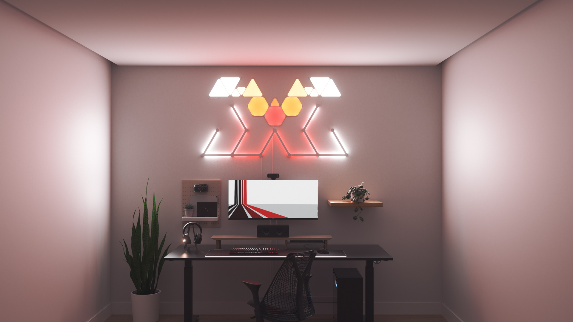 Kawaii style gaming setup with Nanoleaf Lines smart home backlit RGB light bars above the PC monitor. The perfect smart lights to complete the gamer aesthetic.