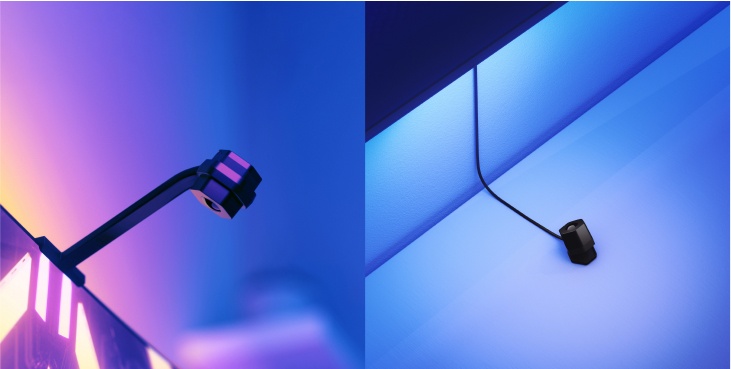 Office bedroom setup with Nanoleaf Lines RGB lights mounted above the desk and monitor. The perfect gaming lights for your PC battlestation.