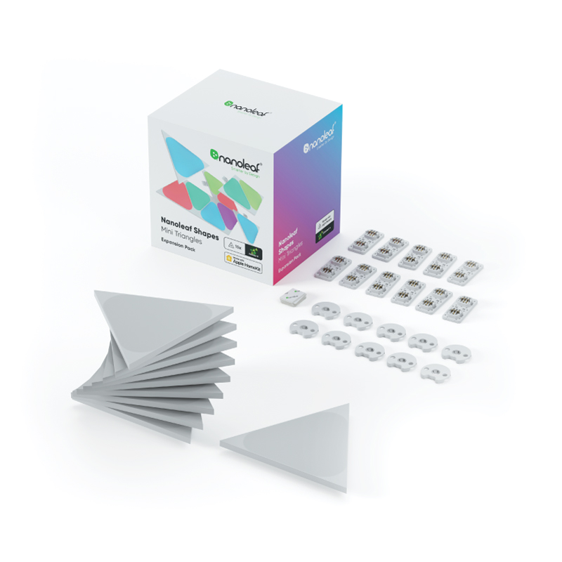 Nanoleaf Shapes Thread enabled color changing mini triangle smart modular light panels. 10 pack expansion. Similar to Philips Hue, Lifx. HomeKit, Google Assistant, Amazon Alexa, IFTTT.