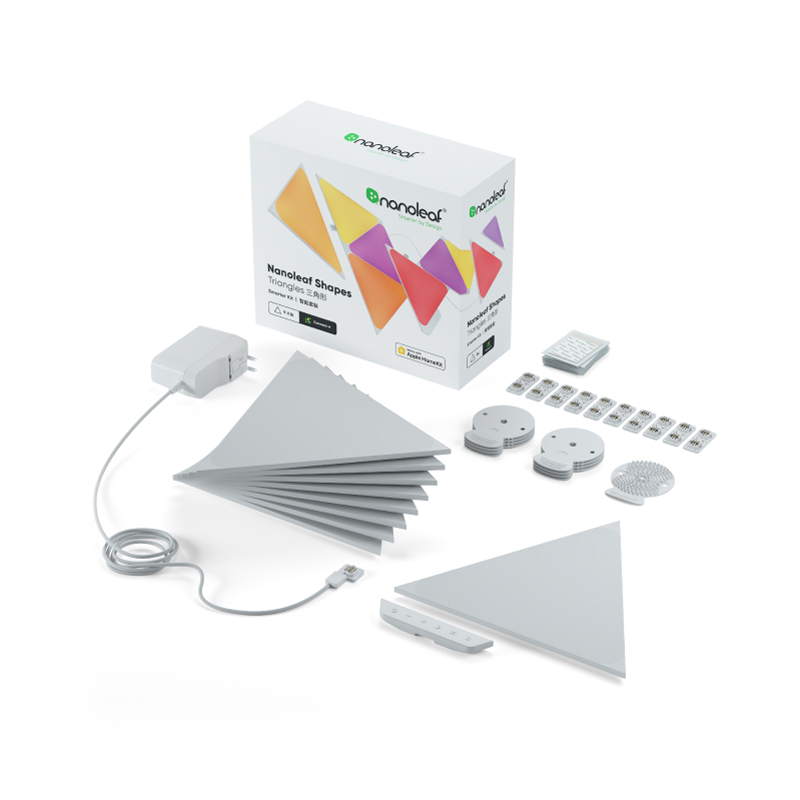 Nanoleaf Shapes Thread-enabled color-changing triangle smart modular light panels. 9 pack. Has expansion packs and flex linker accessories. Similar to Philips Hue, Lifx. HomeKit, Google Assistant, Amazon Alexa, IFTTT.